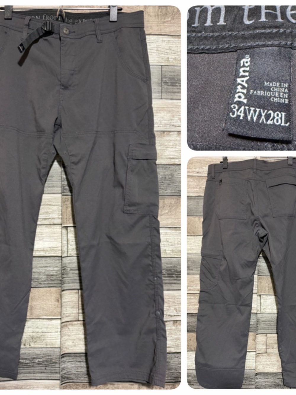 PrAna Zion Hiking Pants Men’s 34x28 Gray Belted Cargo Pocket Stretch